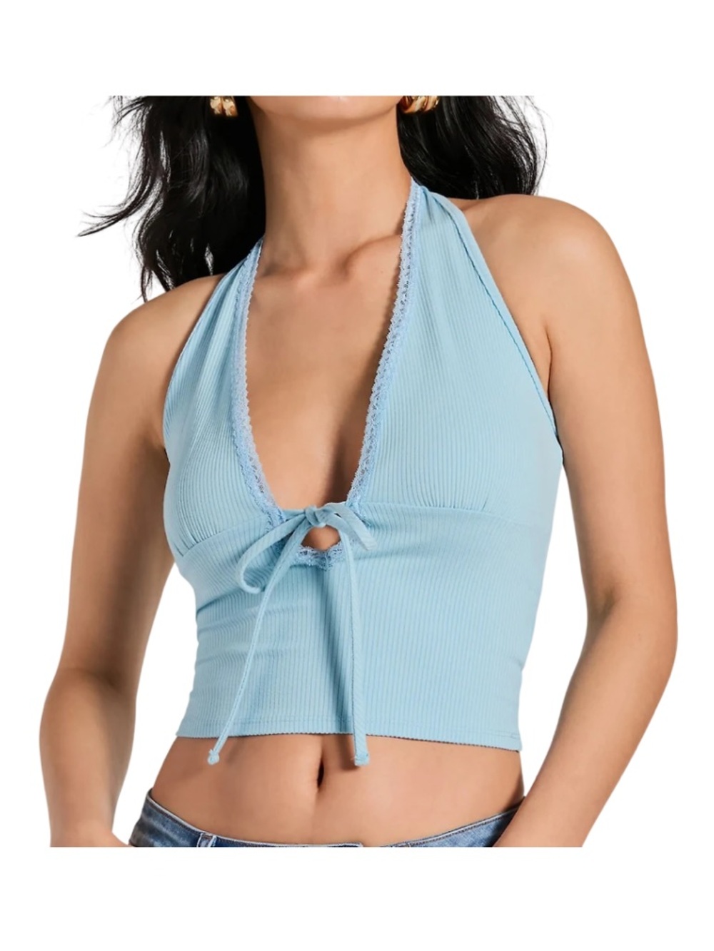 Light Blue Halter Lace Tie Front Ribbed Crop Top